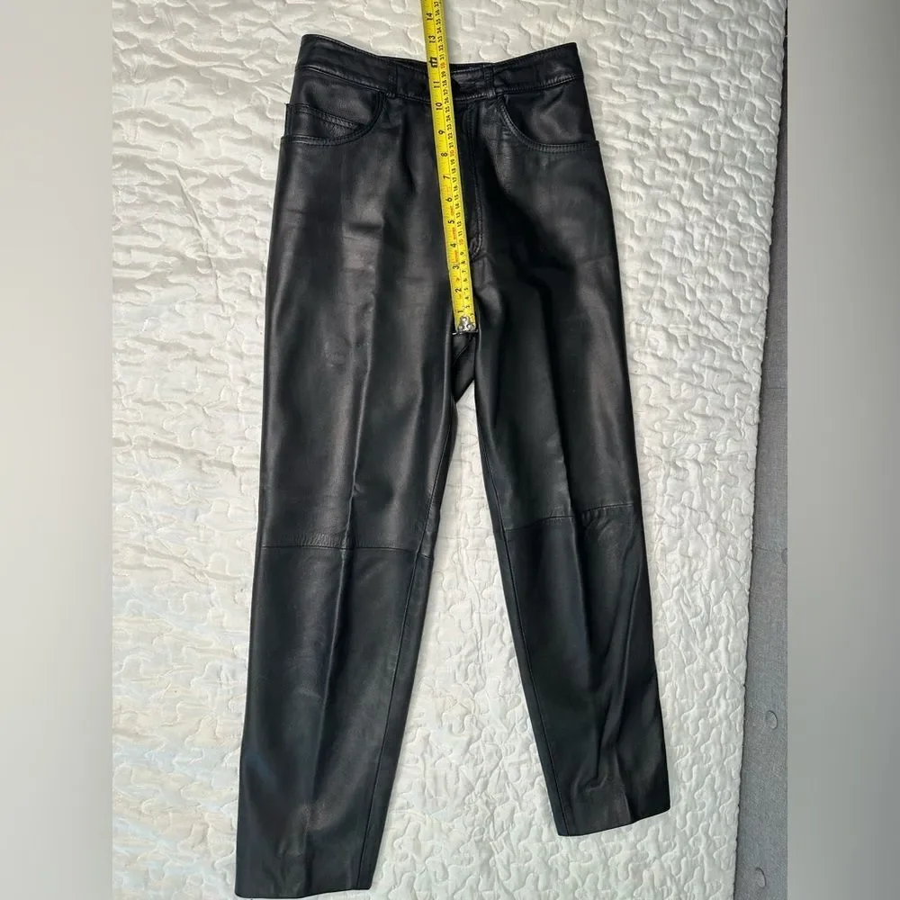 Vintage 90s Maglia Black Leather Pants High-Waisted Straight-Leg USA Made Sz 8 - Picture 9 of 11
